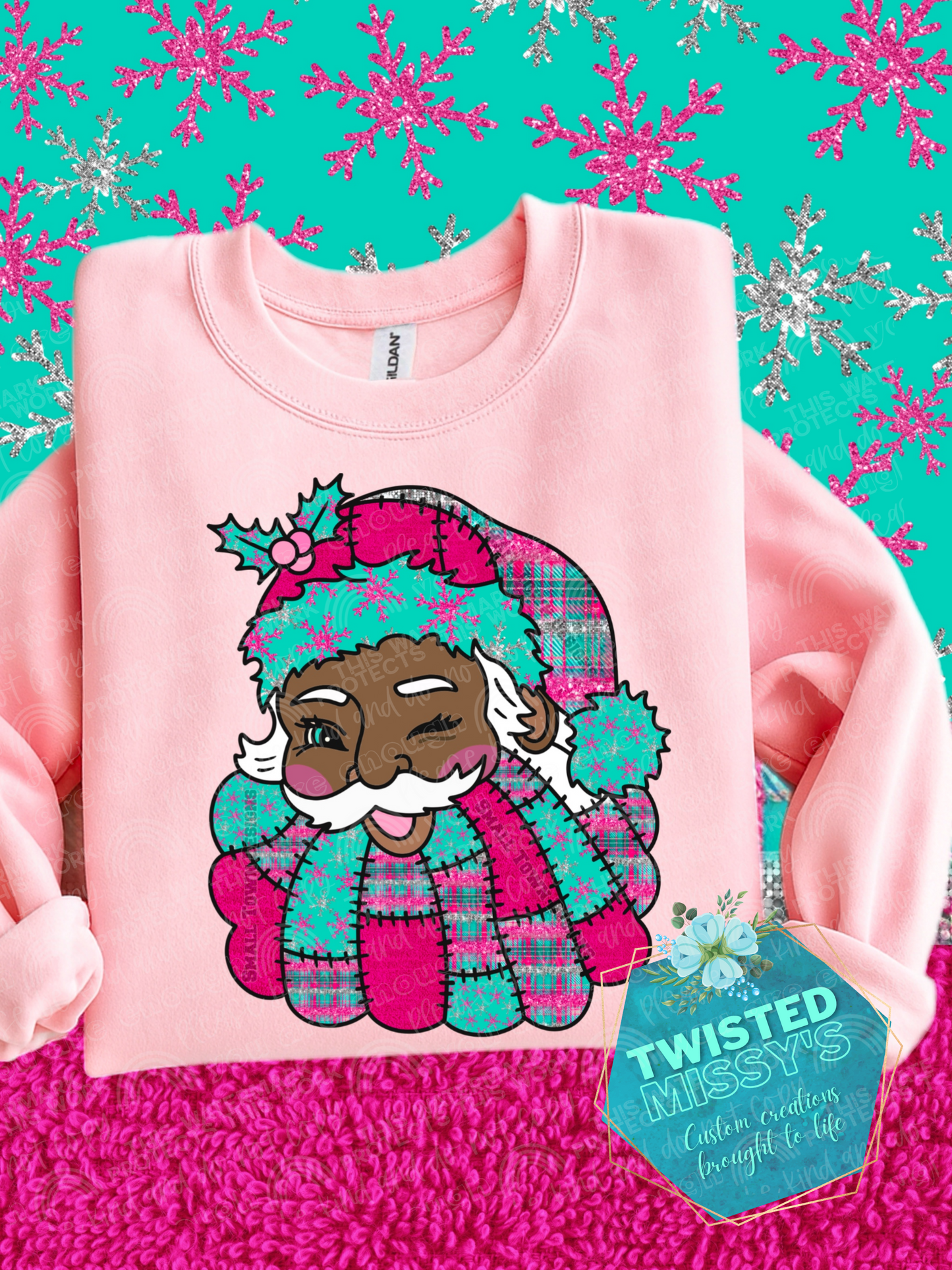 Black Santa pink and teal